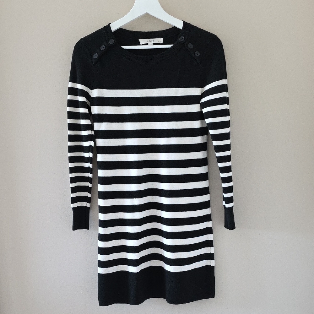 LOFT Black and White Striped Long Sleeve Dress